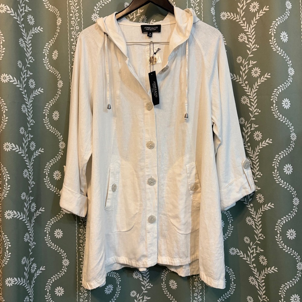 NEW Jones & Co New York Linen Blend Hooded Jacket 1X White Lagenlook Coastal